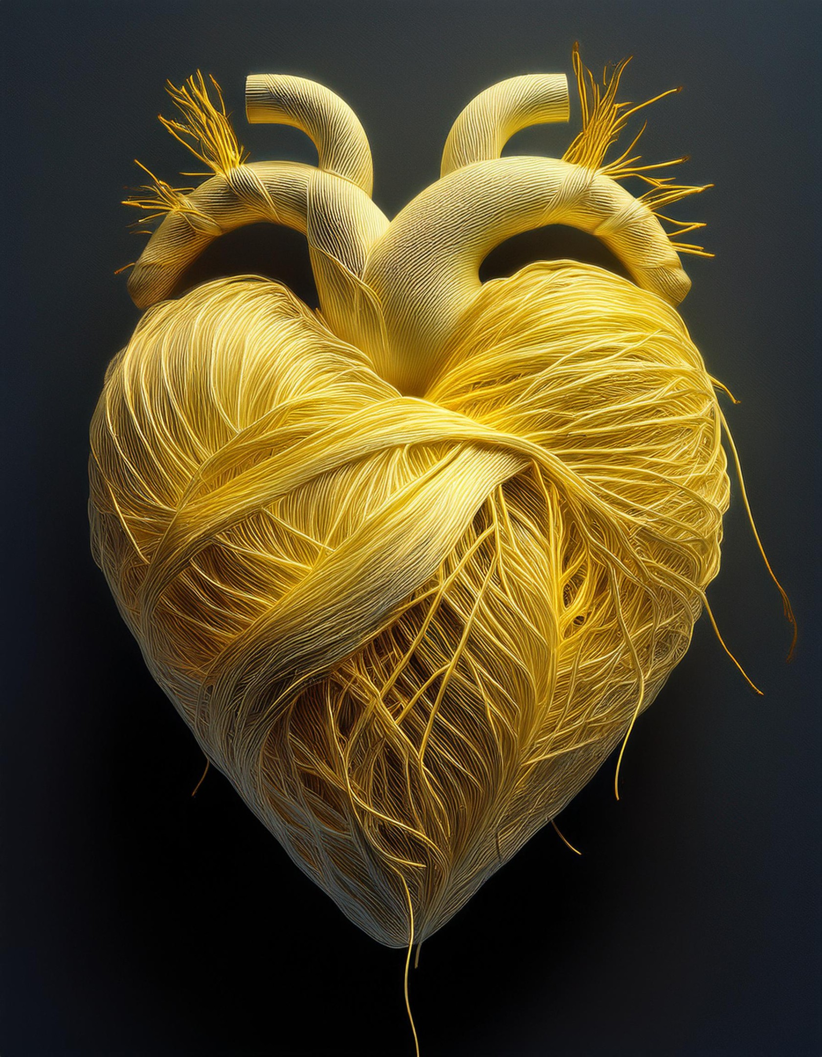 Firefly Human heart in yellow that has threads from wool coming out of it 55937.jpg